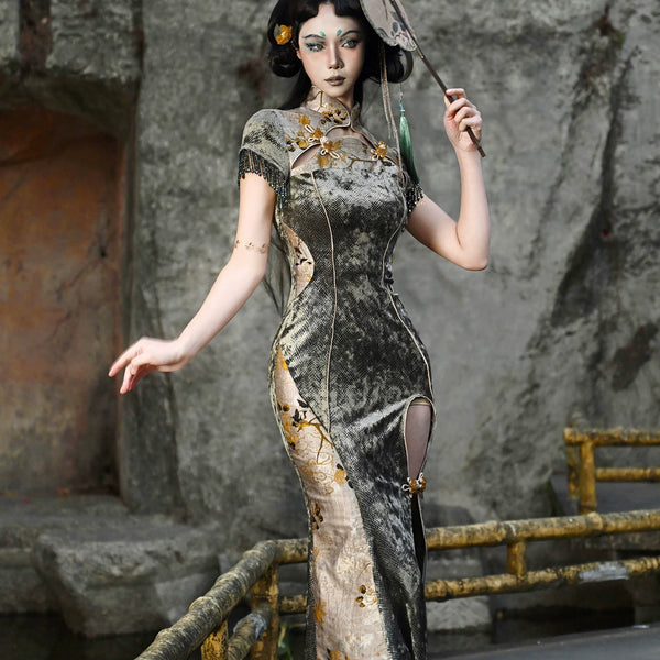 Chinese buckle slim-fitting fishtail long slit cheongsam dress Christmas