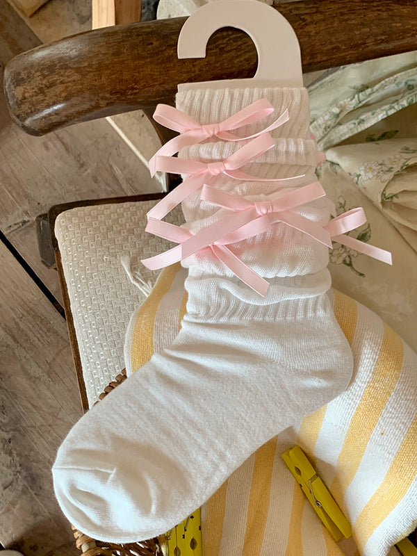 Fashion niche pink bow medium tube sweet stacking socks ballet girl jennier same style