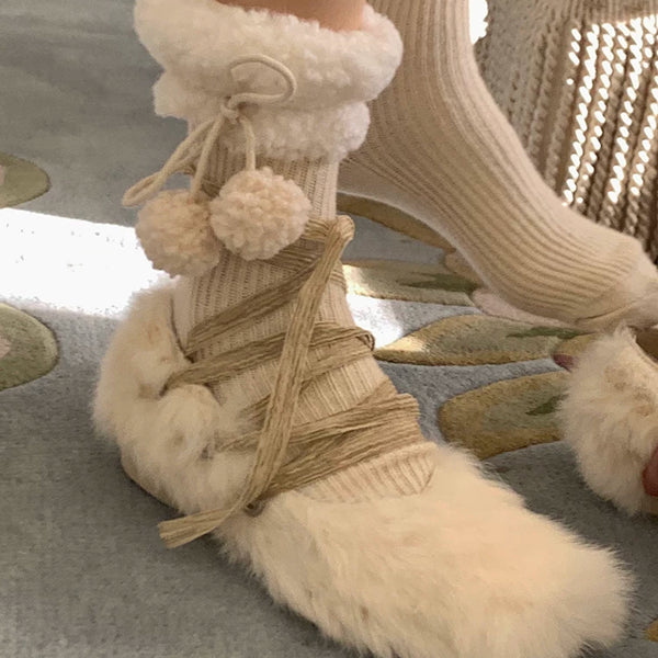 Fashion niche soft waxy lamb wool lace plush ball Lolita girl wool pile socks woman