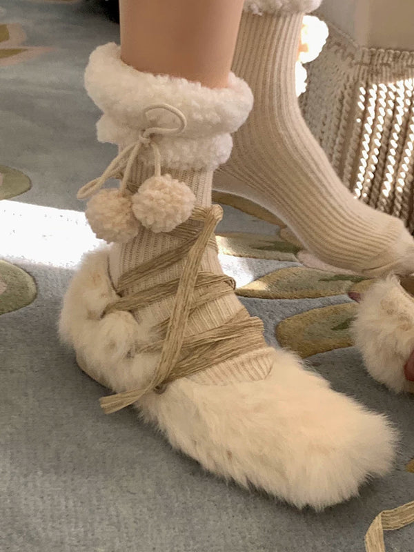 Fashion niche soft waxy lamb wool lace plush ball Lolita girl wool pile socks woman