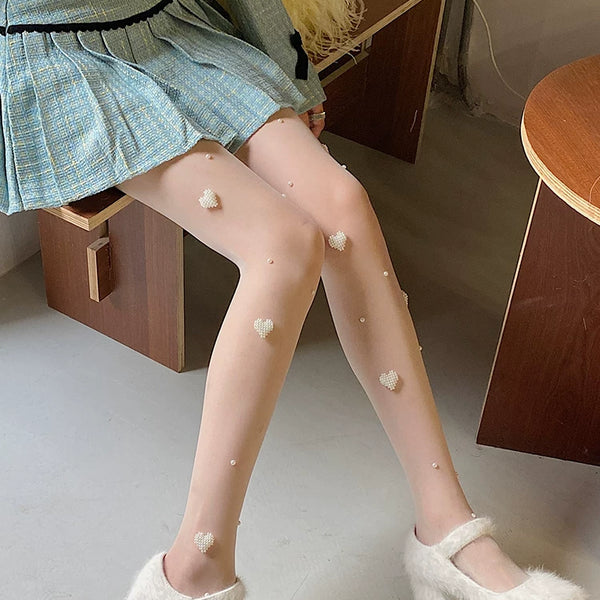 Fashion original niche design love pearl milk white one-piece socks sexy lolita college style stockings