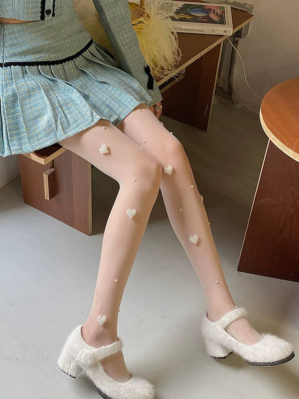 Fashion original niche design love pearl milk white one-piece socks sexy lolita college style stockings