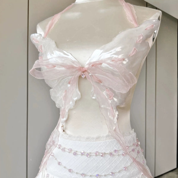 Fairy mermaid pink butterfly bustier beaded chain bra bandeau top sequin skirt handmade