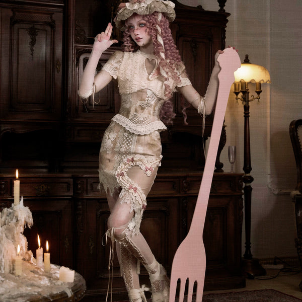 Crew Neck Hollow Elegant Love Vintage Short Lace Top Christmas Halloween Top