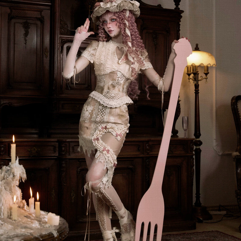 Crew Neck Hollow Elegant Love Vintage Short Lace Top Christmas Halloween Top