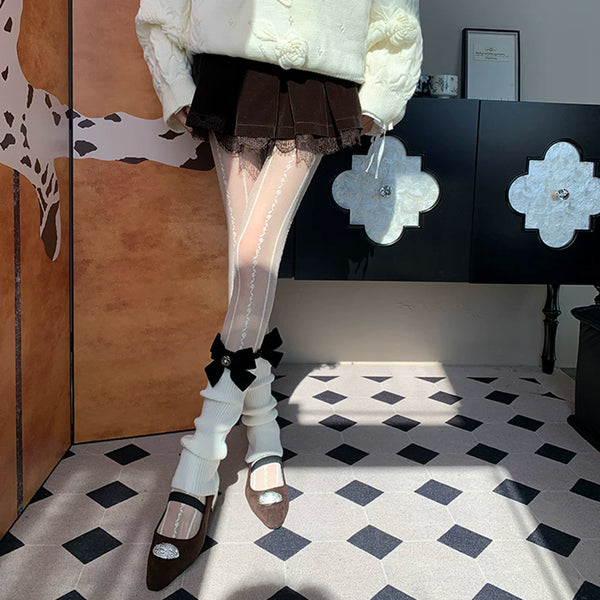 Paris Art Museum Grade Murray Knitted White Bow Stacked Socks Cover Winter Stacked Milk White Romper Female DF