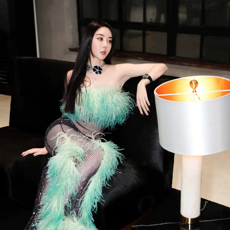 Mint blue-green haute couture heavy industry one-word collar rhinestone feathers ostrich hair tube top