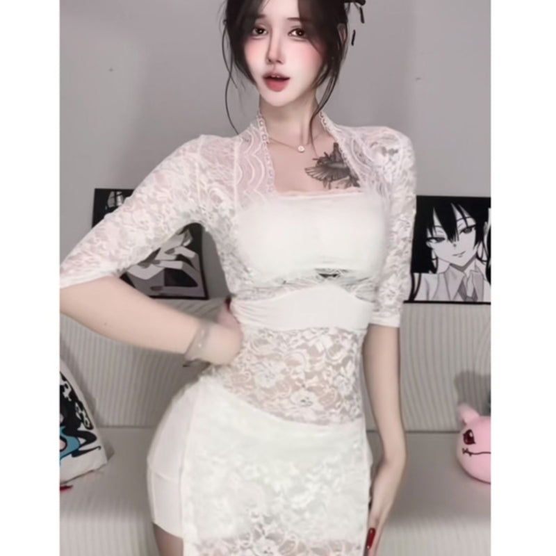Spicy girl sexy low cut V-neck lace patchwork slit mid length long skirt with half sleeves, translucent temperament base, tea break dress