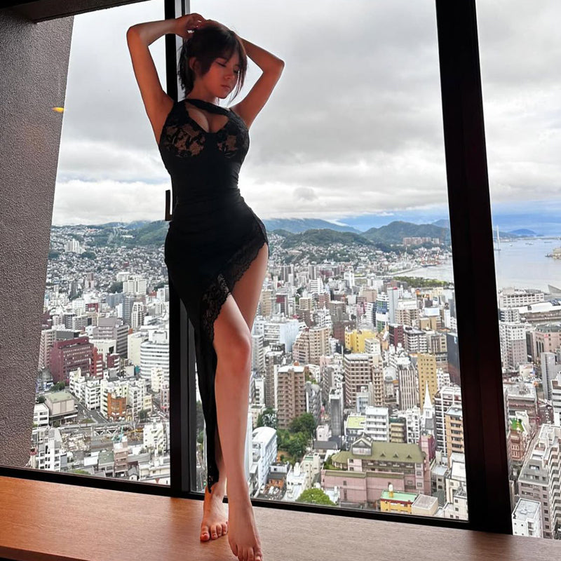 Nightclub spicy girl style sexy low cut V-neck lace patchwork irregular temperament high slit waist slimming dress