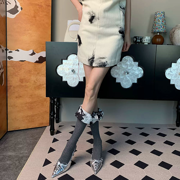 Want to fall into romance~ Summer French romance retro niche women's thin gray-bottomed satin lace calf socks