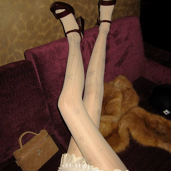 Fashion niche, Royal Sister Spice Girl hot diamond snowflake rhinestone heavy industry can cut black milk white stockings at will