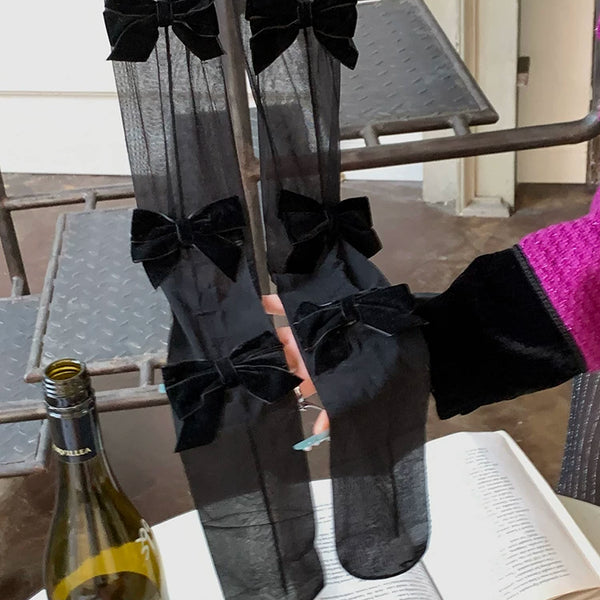 Fashion Niche Vertical Bar Bow Spice Girl Black Stockings Girl Bow Versatile Bare Leg Socks Artifact