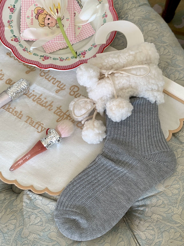 Fashion niche soft waxy lamb wool lace plush ball Lolita girl wool pile socks woman