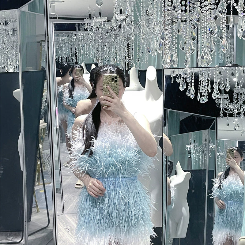 Thousand gold sense of design white swan birthday party heavy industry feather ostrich feather accessible luxury evening dress dress