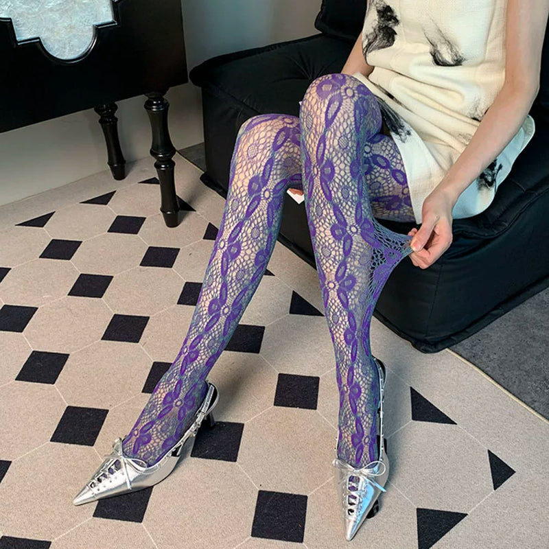 The Profundity Hidden in Color~ Summer French Retro Personality Niche Flower Ben Thin Purple-Green Two-Color Romper Stockings