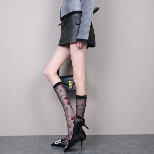Cherry Free~ French Romantic Red Cherry Jacquard Multi-Color Skinny Calf Socks