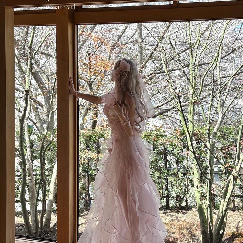 Pink off-the-shoulder bandeau dress - romantic french fairy princess dress