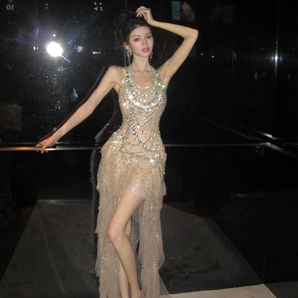 Heavy industry party dress high-end light luxury niche celebrity temperament beautiful flash neck birthday skirt robe