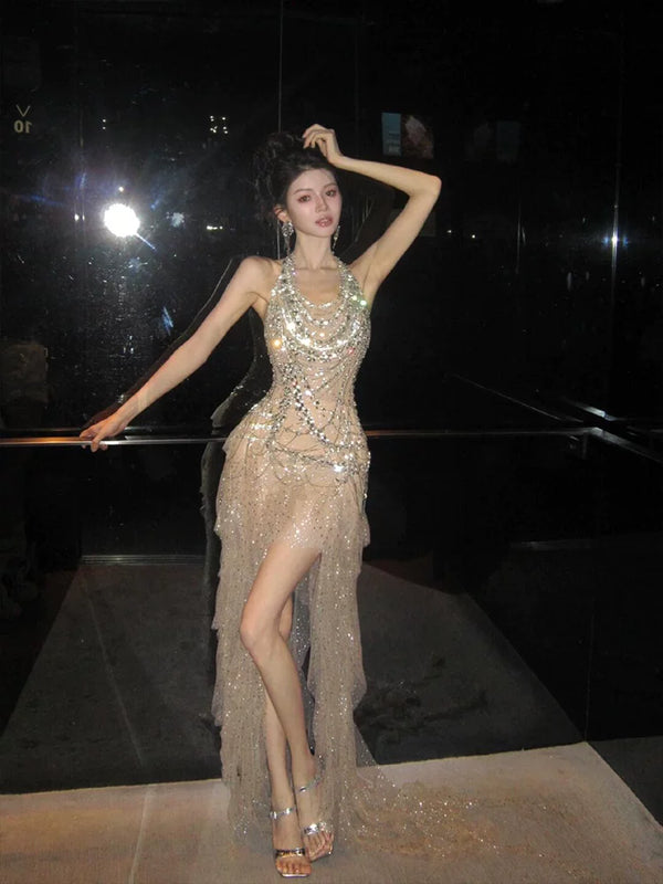 Heavy industry party dress high-end light luxury niche celebrity temperament beautiful flash neck birthday skirt robe