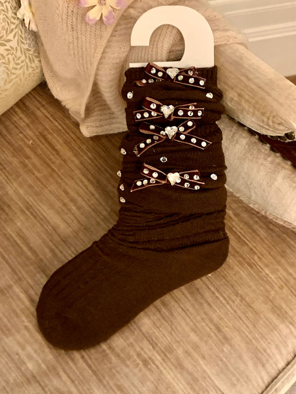 Fashion niche, luxury exaggerated rhinestone pearl bow thin vertical strip ballet calf socks knee socks