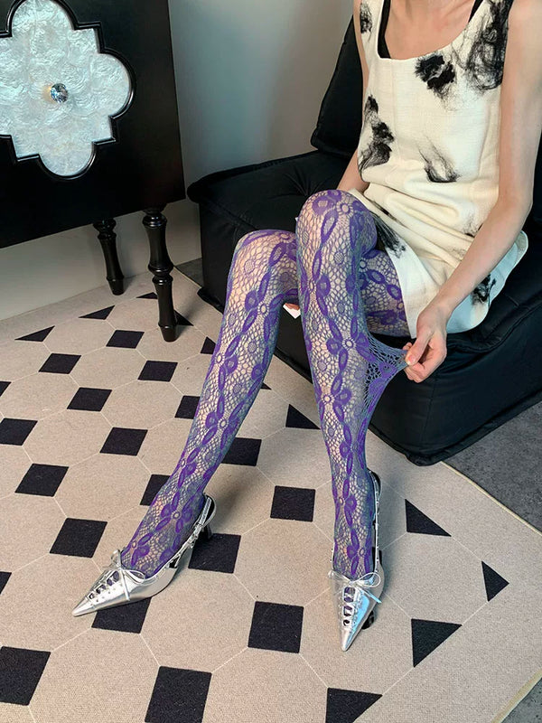 The Profundity Hidden in Color~ Summer French Retro Personality Niche Flower Ben Thin Purple-Green Two-Color Romper Stockings