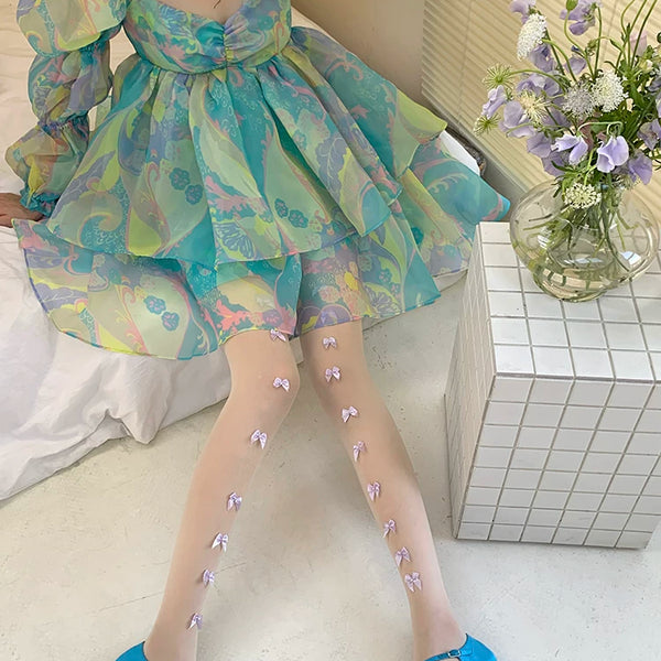 Fashion niche girl pink bow milk white one-piece socks sexy lolita college style stockings