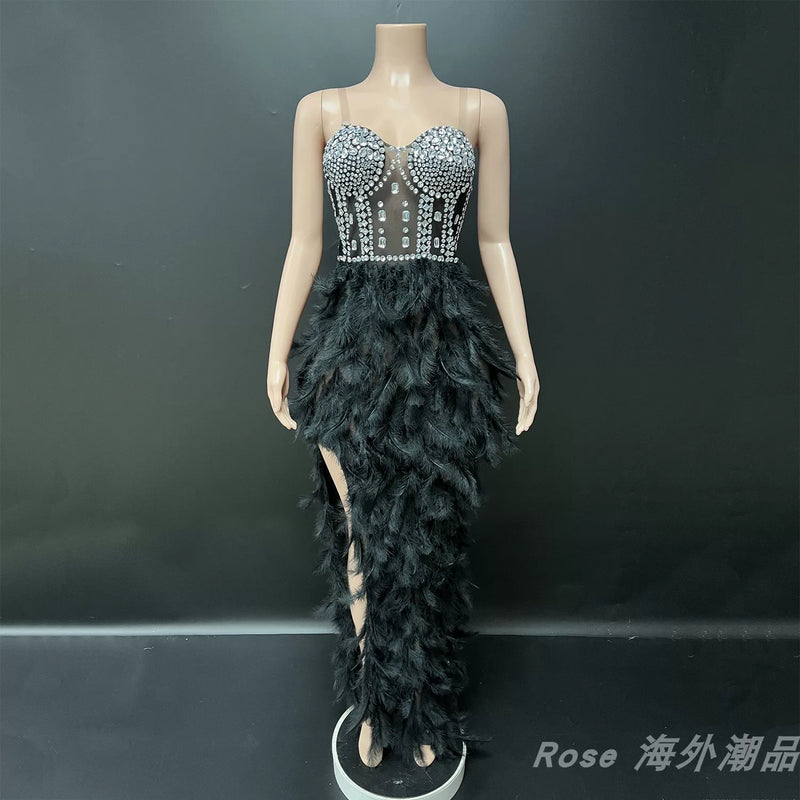 Elegant white swan-inspired feather skirt dress - slimming, rhinestone embellished mini dress for vacation, runway, party, and evening events