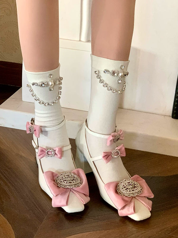 Fashion niche spring and summer new heavy industry rhinestone chain tube socks girl heart gray simple and sweet