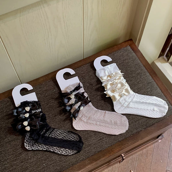 Fashion lolita Japanese sweet bow glass jk lace jacquard knee stockings children thin