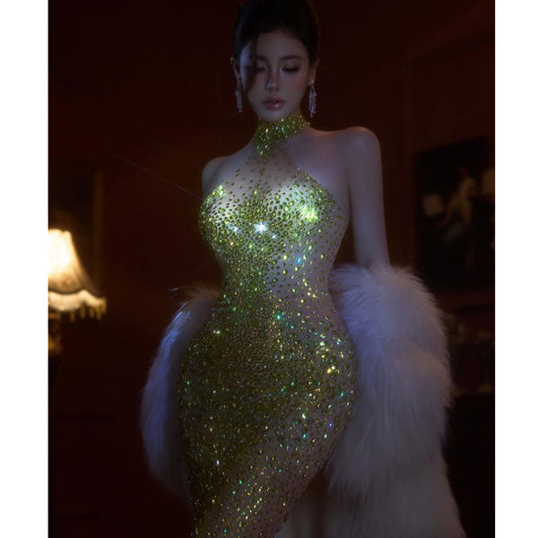 Pure Desire Wind Sexy Hot Girl Water Diamond Package Hip Tail Tail Dress for Women's Summer Birthday Party Light Luxury Dress