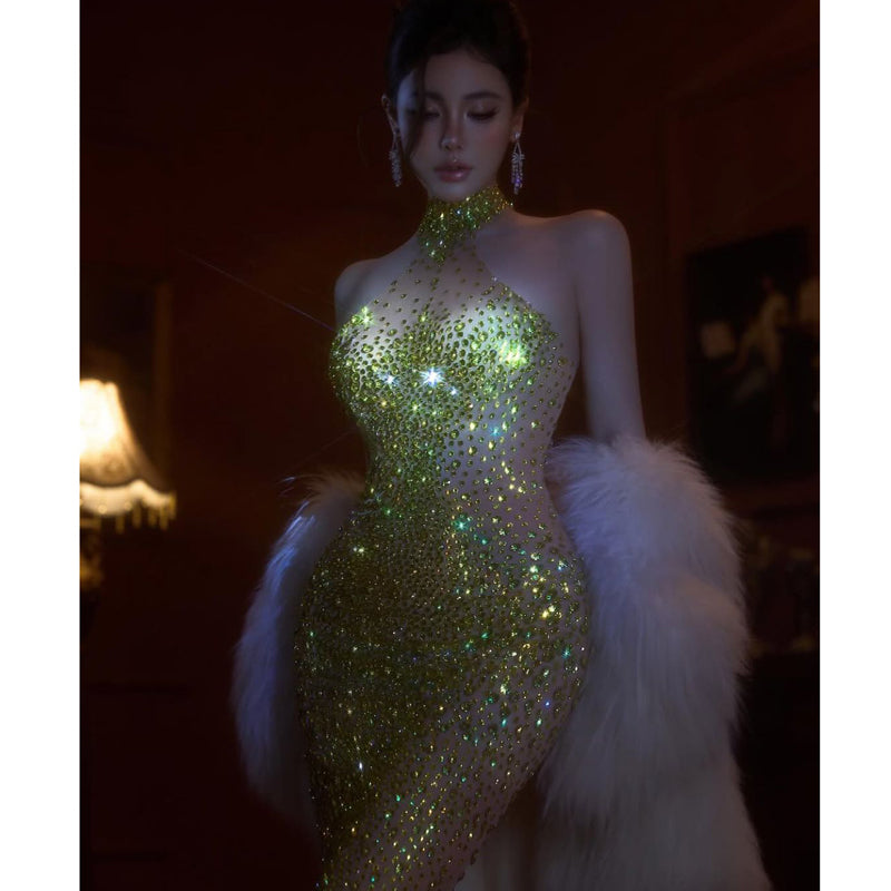 Pure Desire Wind Sexy Hot Girl Water Diamond Package Hip Tail Tail Dress for Women's Summer Birthday Party Light Luxury Dress