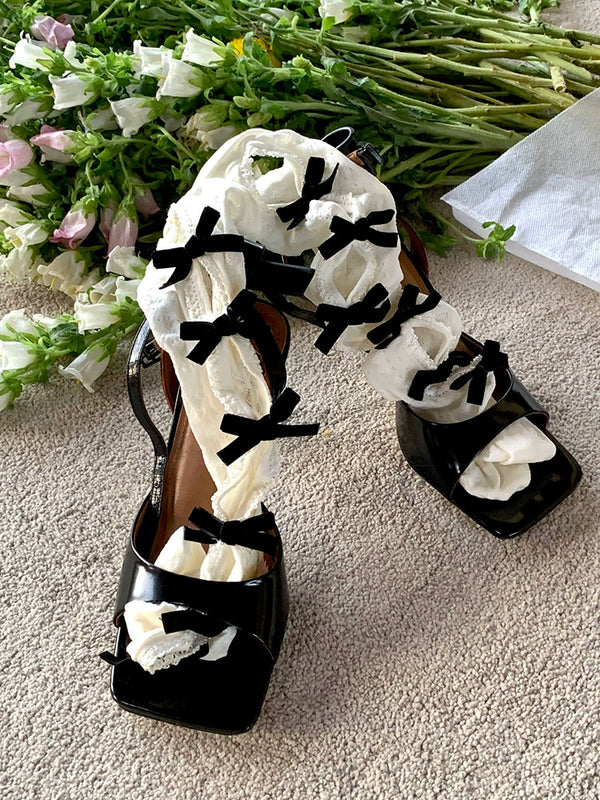 Fashion niche Zhang Yuanying same flocking bow hollow knee socks lace retro thin high tube socks