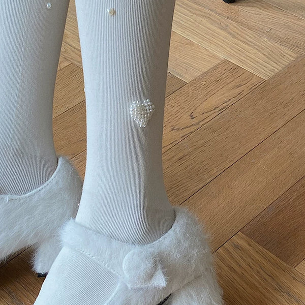 Fashion original niche design pearl love Japanese jk white pantyhose women's milk white leggings