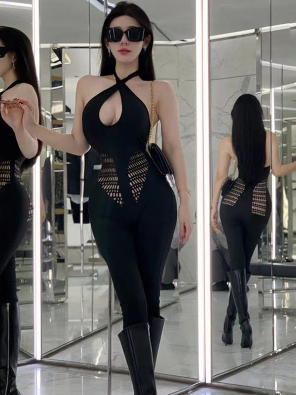 Neck crossed backless black slim jumpsuit sleeveless hollow low-cut small slim-fitting trousers spring and autumn