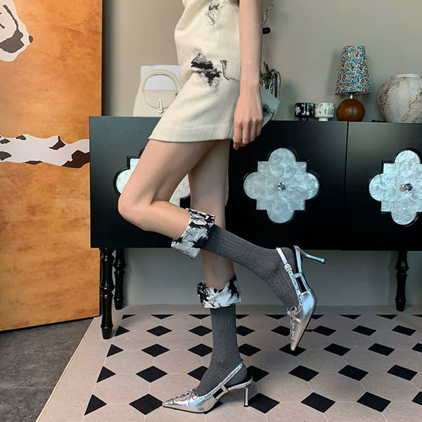 Want to fall into romance~ Summer French romance retro niche women's thin gray-bottomed satin lace calf socks