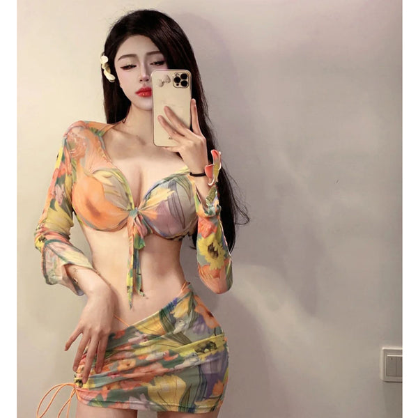 Girl age reduction sweet sexy print mesh triangle bikini suit gathering skirt cut men's swimsuit suit