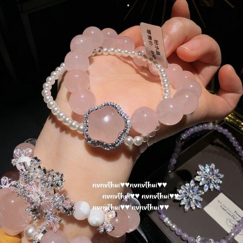 Gilded snow pollen crystal small waist bracelet with pink jade stars, lavender purple bracelet