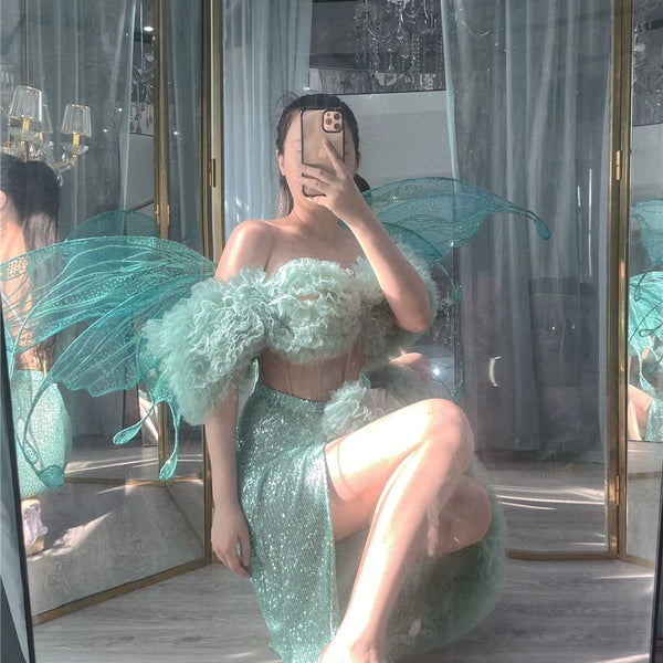 Mint Mambo | Fishbone Corset One-word Neck Fungus Edge Three-dimensional Flower High Split Sequins Wrap Skirt Set