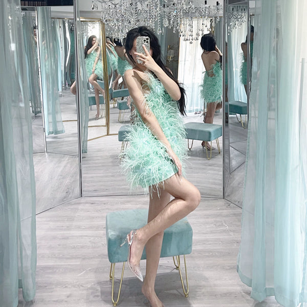 Mermaid dream: high-end open-back halter fairycore ostrich feather dress - available in multiple colors