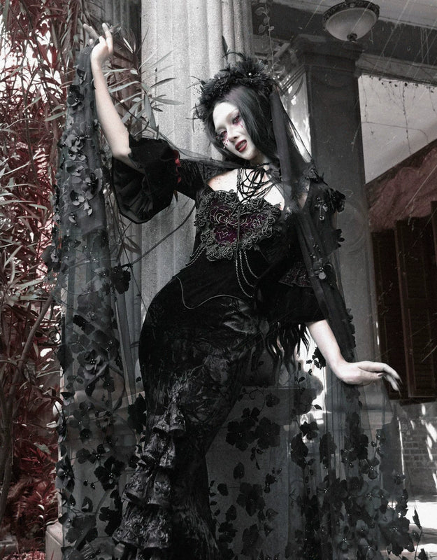 Gothic velvet bandeau dress mermaid skirt halloween retro maxi dress