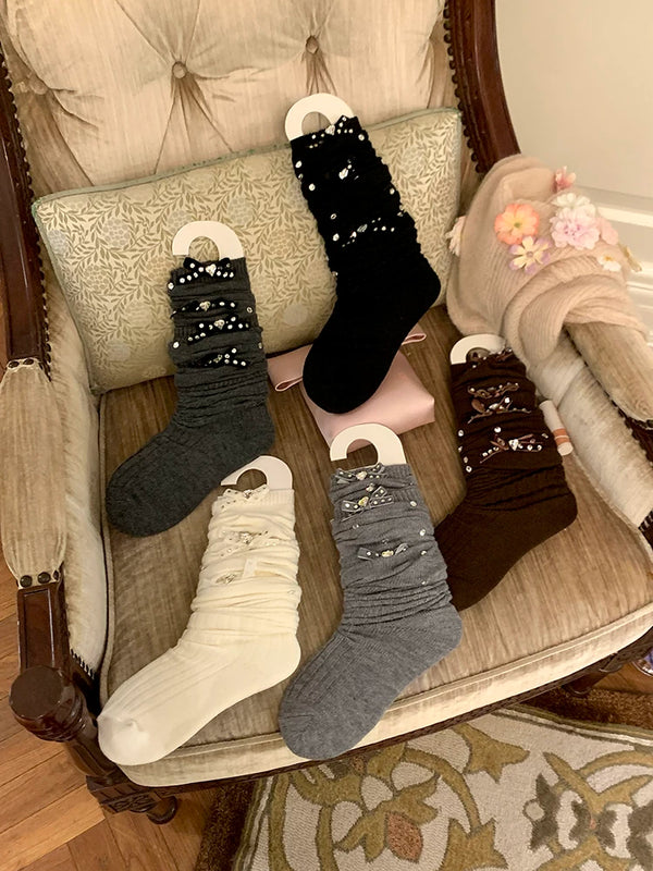 Fashion niche, luxury exaggerated rhinestone pearl bow thin vertical strip ballet calf socks knee socks