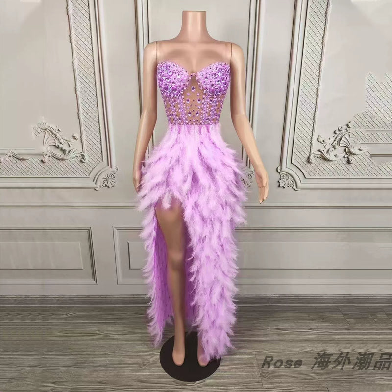 Elegant white swan-inspired feather skirt dress - slimming, rhinestone embellished mini dress for vacation, runway, party, and evening events