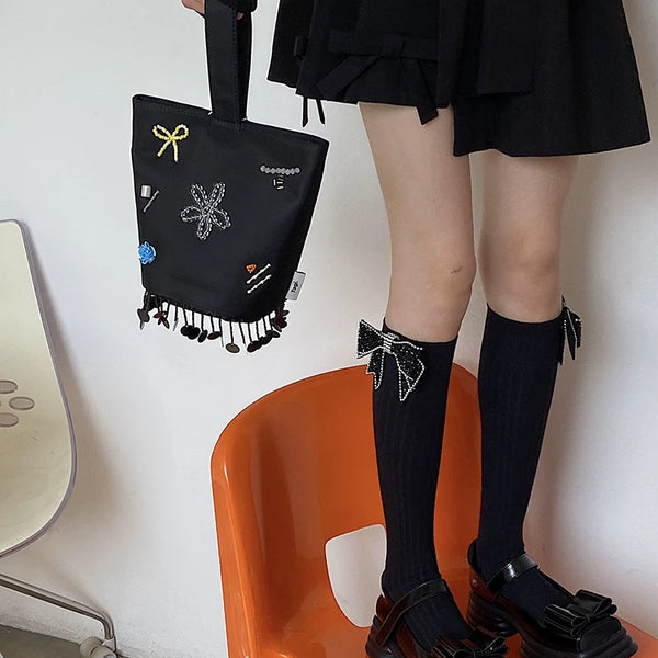 Fashion original niche design handmade bow rhinestone versatile black double needle medium high tube sweet beautiful women socks