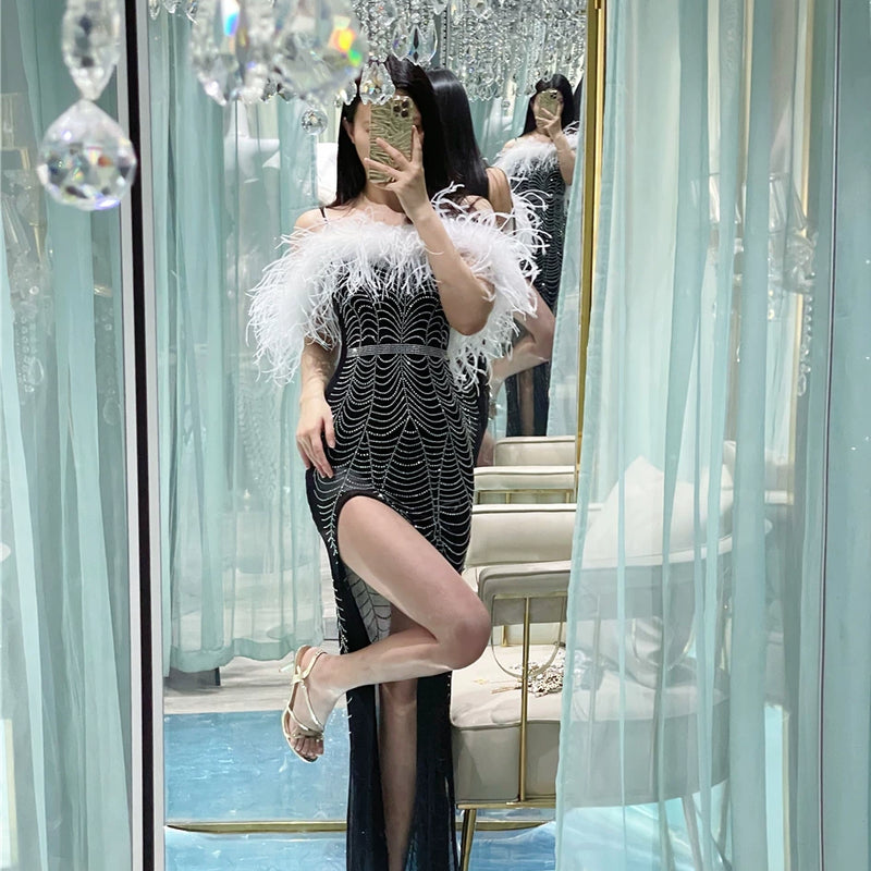 Full Body Hot Diamond Luxury Heavy Industry Ostrich Feather Feather, Extravagant Evening Dress Birthday Dress