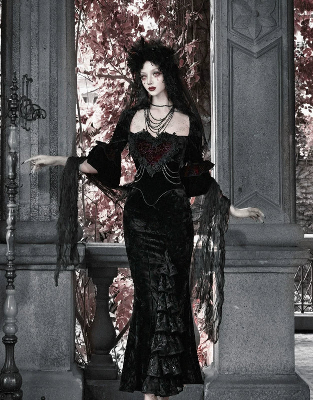 Gothic velvet bandeau dress mermaid skirt halloween retro maxi dress