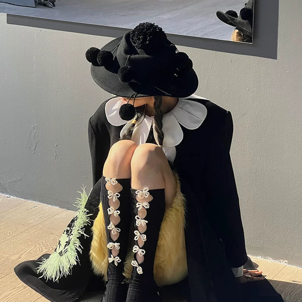 Fashion original niche design hand-sewn three-dimensional pearl bow daily black trendy retro girl