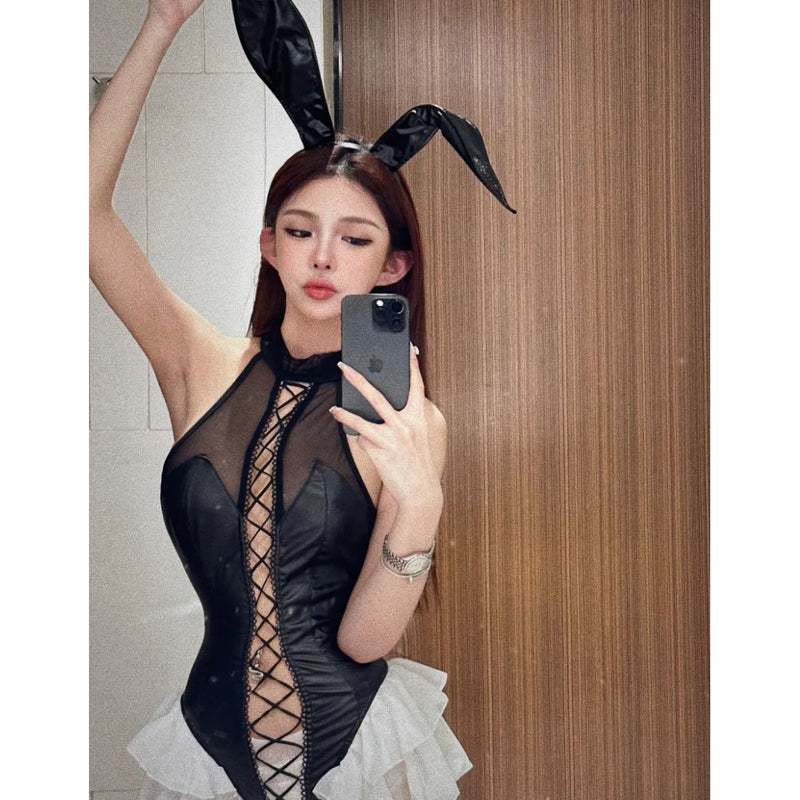 Celebrity sexy babes hollow onesie seduction pure desire hot splicing skirt cross strap skirt onesie