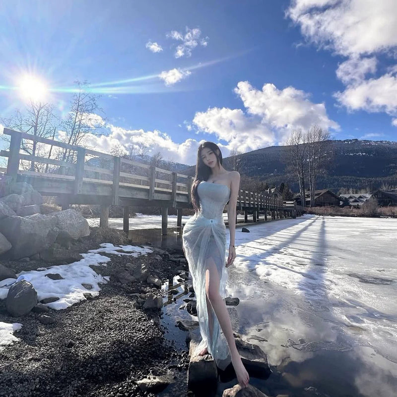 Birthday dress skirt accessible luxuryniche styleclassy exquisite fishbone mesh lacetube top suspender goddess party dress