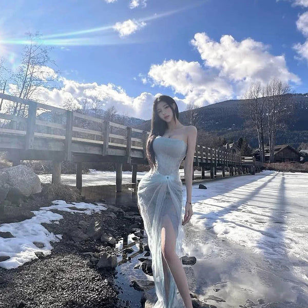 Birthday dress skirt accessible luxuryniche styleclassy exquisite fishbone mesh lacetube top suspender goddess party dress