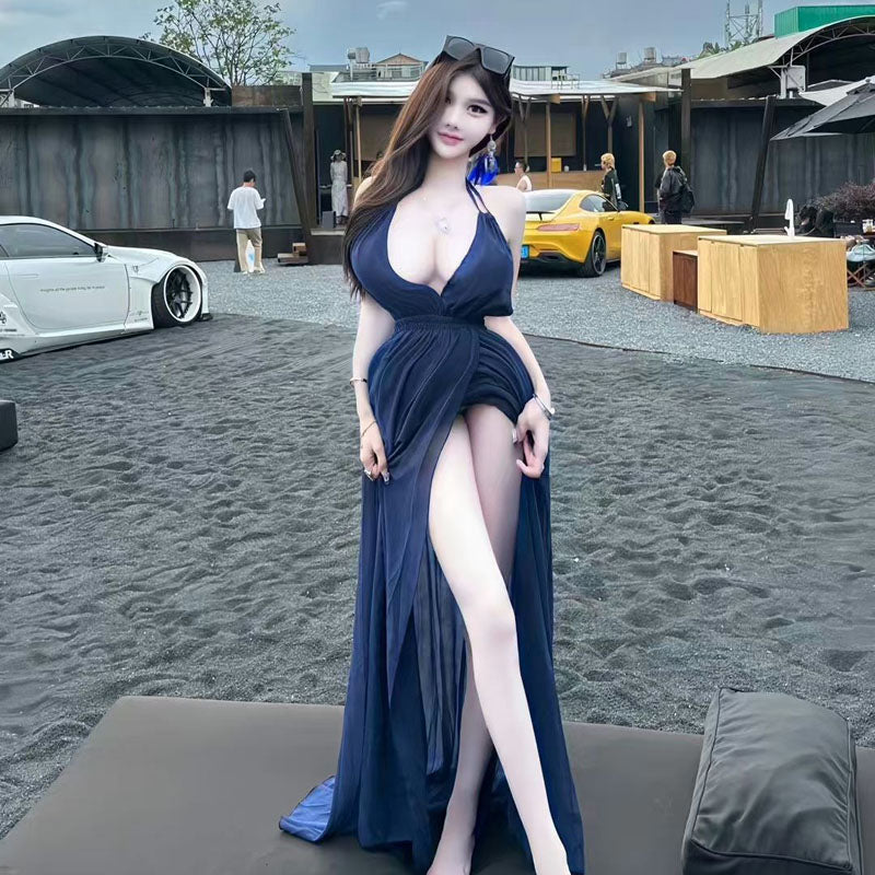 Pure desire beach long skirt fairy split fork seaside vacation long dress atmosphere sexy big backless suspender dress summer